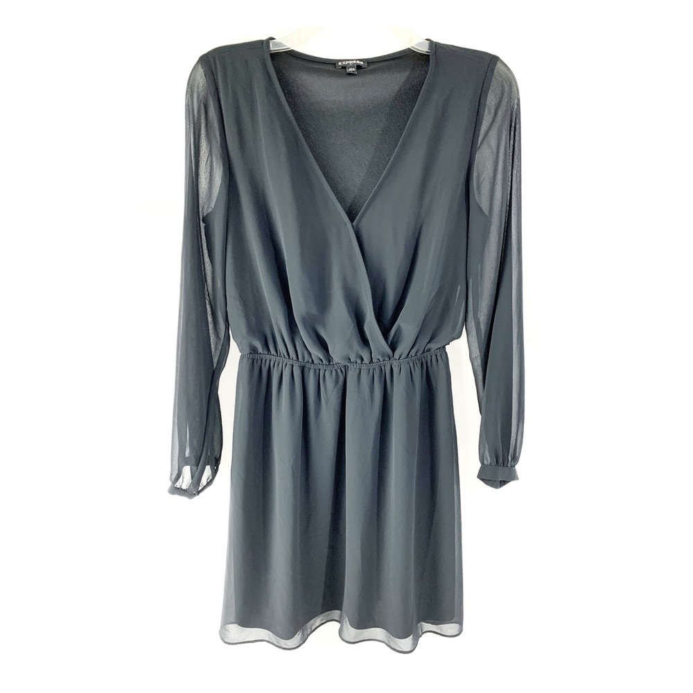 NWOT Express Black V Neck Flowy Long Sleeve Surplice Flare Dress